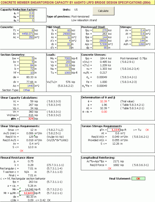 LRFDShear worksheet screen shot